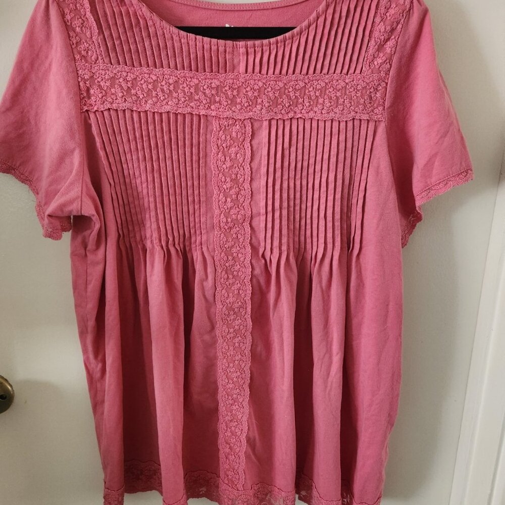 Woman Within Pink Pintucked Top with Eyelet Sleeve - Sz M 14/16